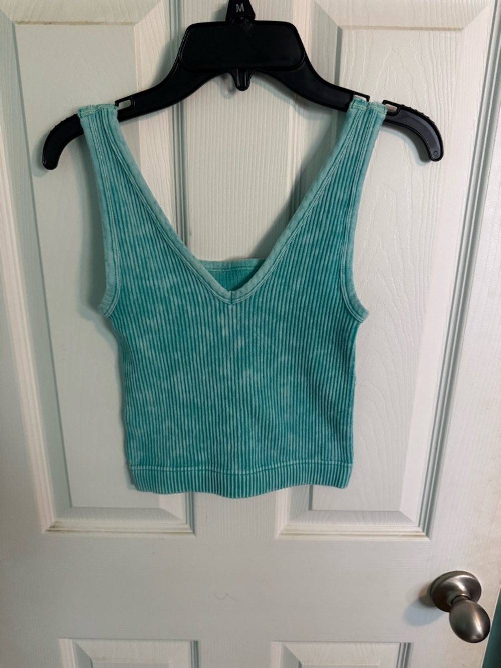 Blue Ribbed V-Neck Crop Tank Top